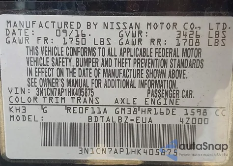 2017 Nissan Versa 1.6 S/1.6 S+/1.6 Sl/1.6 Sv z USA, uszkodzony, nr VIN 3N1CN7AP1HK405875